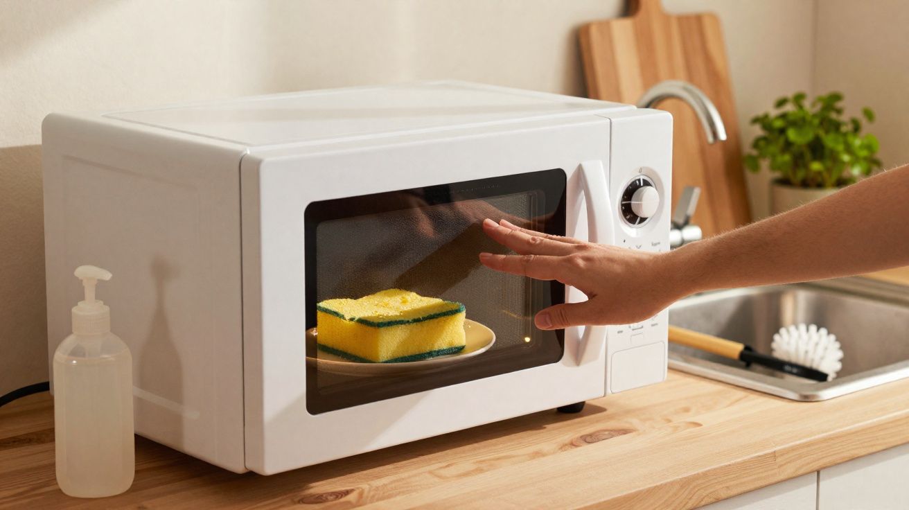 Mão a tocar a porta de micro-ondas branco com uma esponja amarela no interior, em bancada de cozinha.