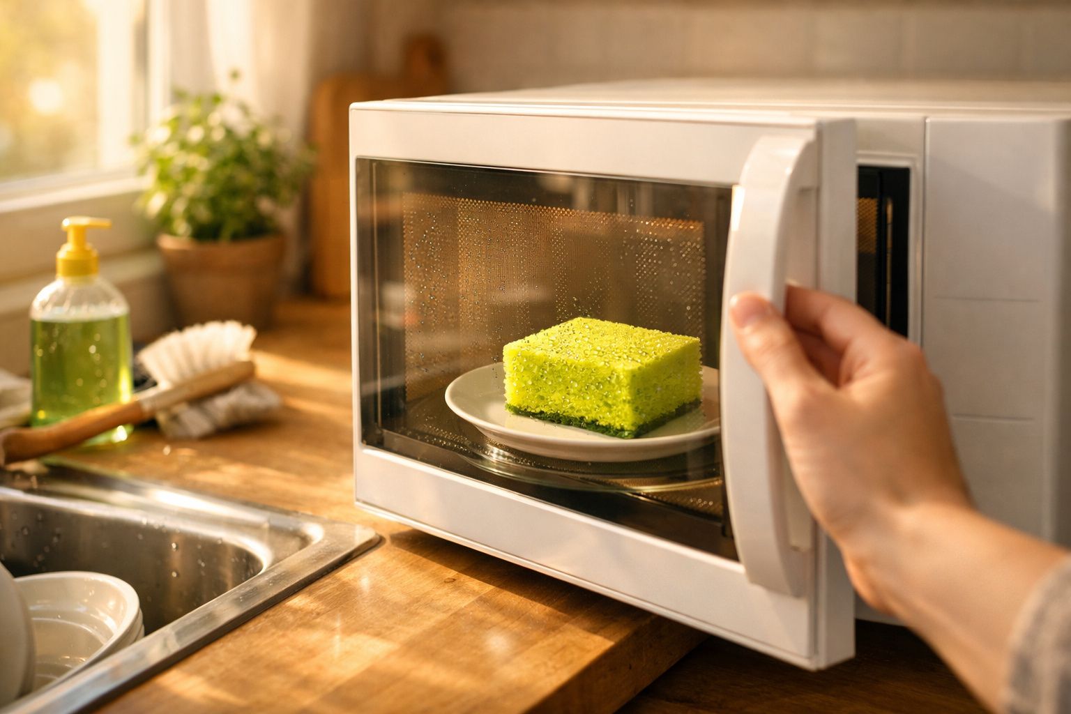 Pessoa a abrir o micro-ondas com um prato branco a conter esponja amarela dentro na cozinha.