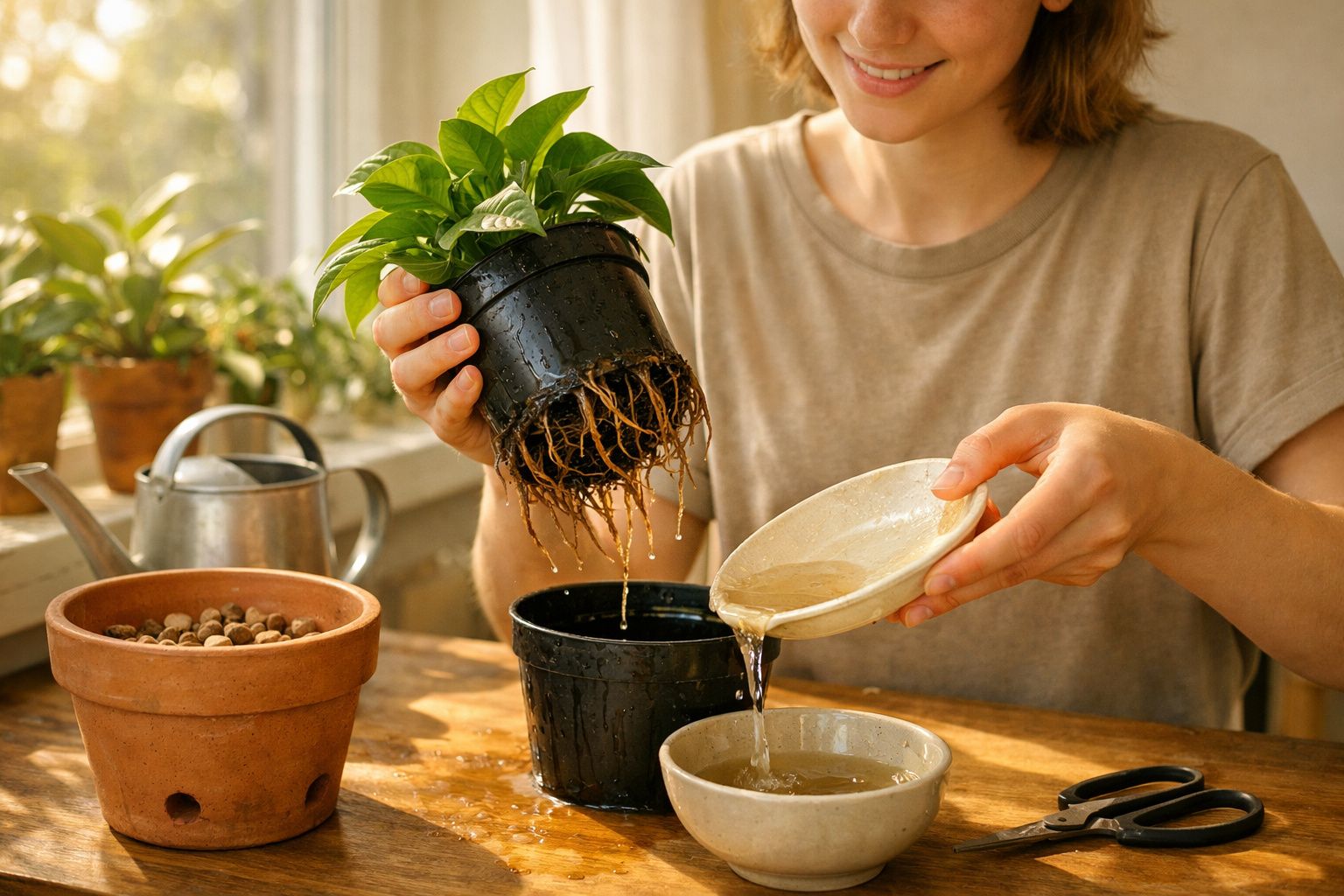 Pessoa a transplantar planta com raízes expostas para vaso maior dentro de casa.