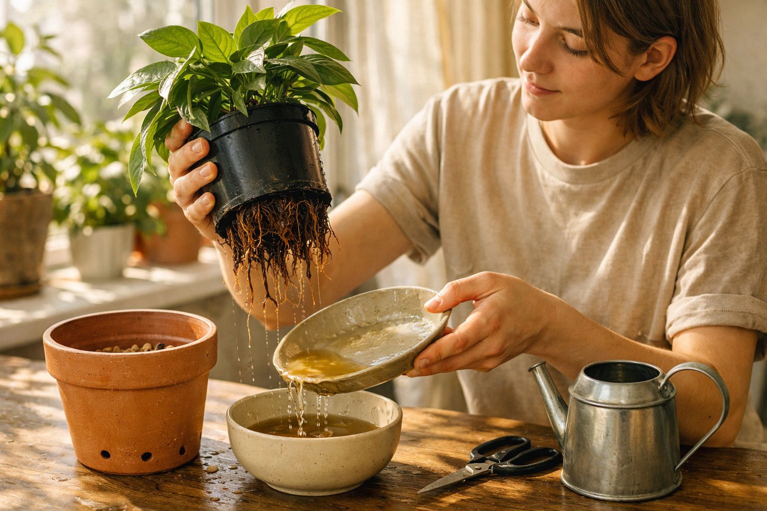 Pessoa a lavar raízes de planta retiradas de vaso, com ferramentas e regador em mesa de madeira.