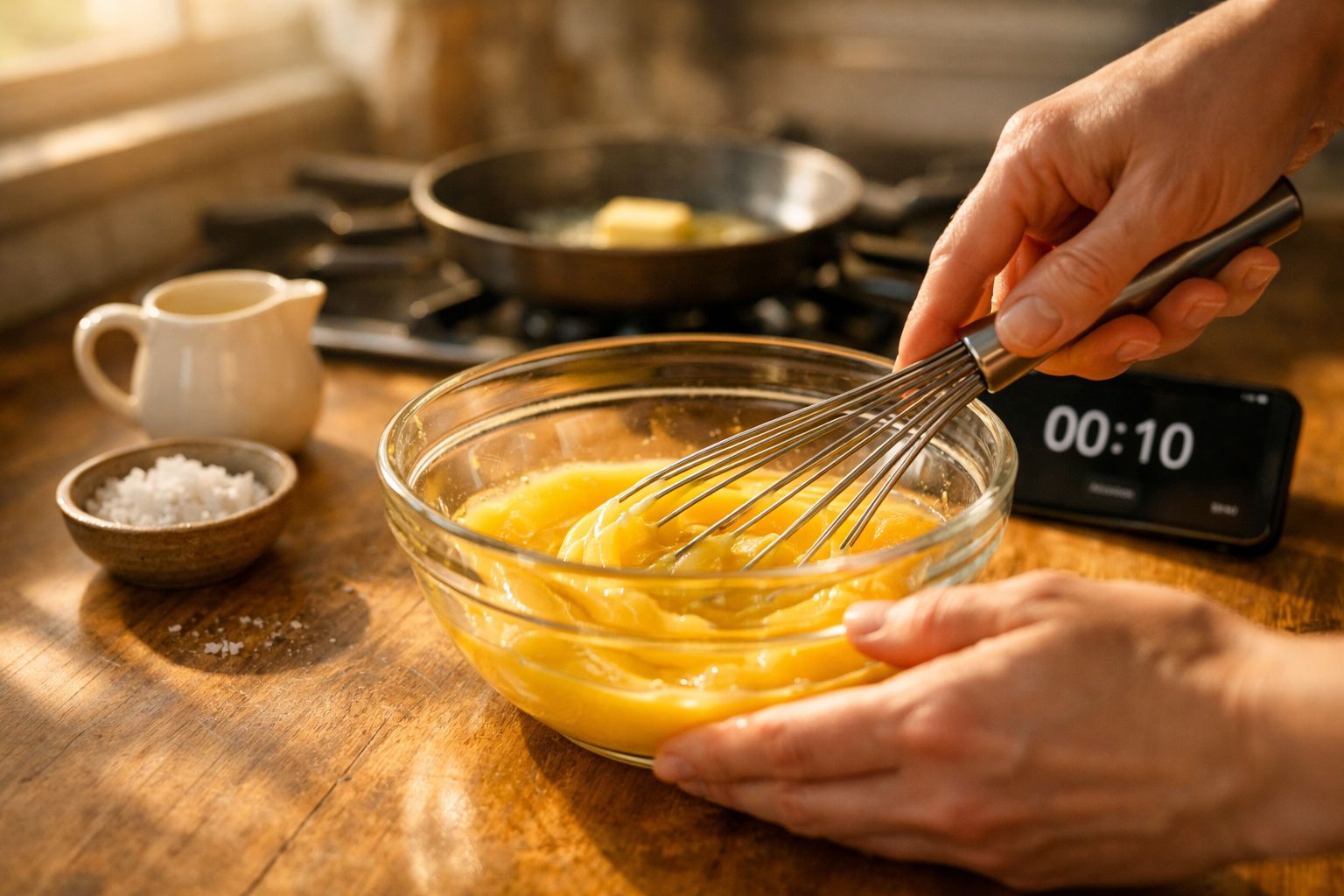 Pessoa a bater gemas de ovo numa taça de vidro com batedor de arame na cozinha.