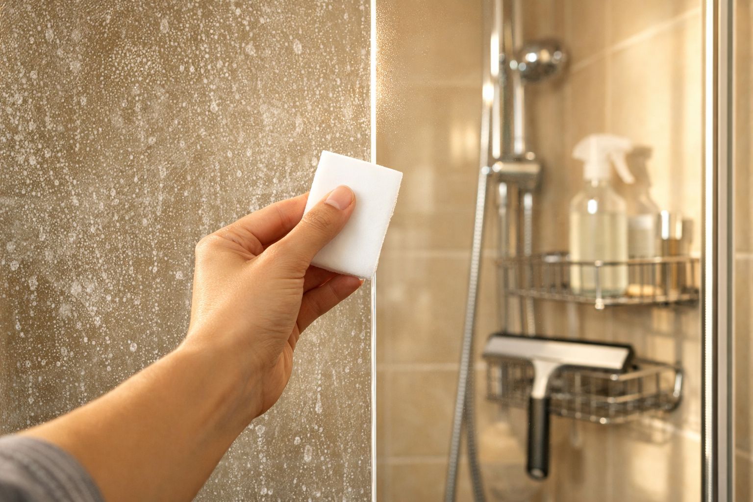 Mão a limpar o vidro da cabine de duche com uma esponja branca contra manchas de água.