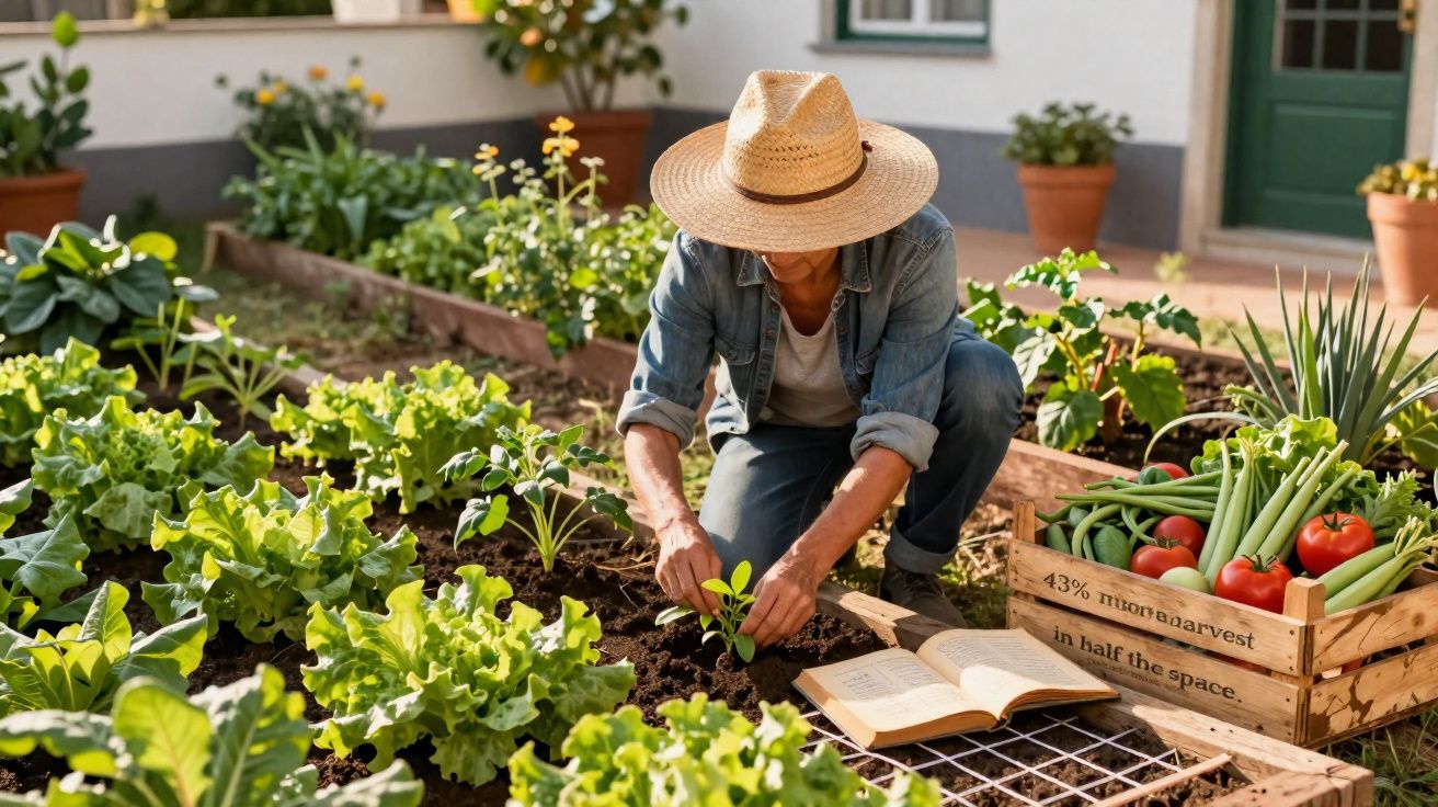 Pessoa a cuidar de plantas numa horta urbana com caixa de legumes frescos e livro aberto no chão.