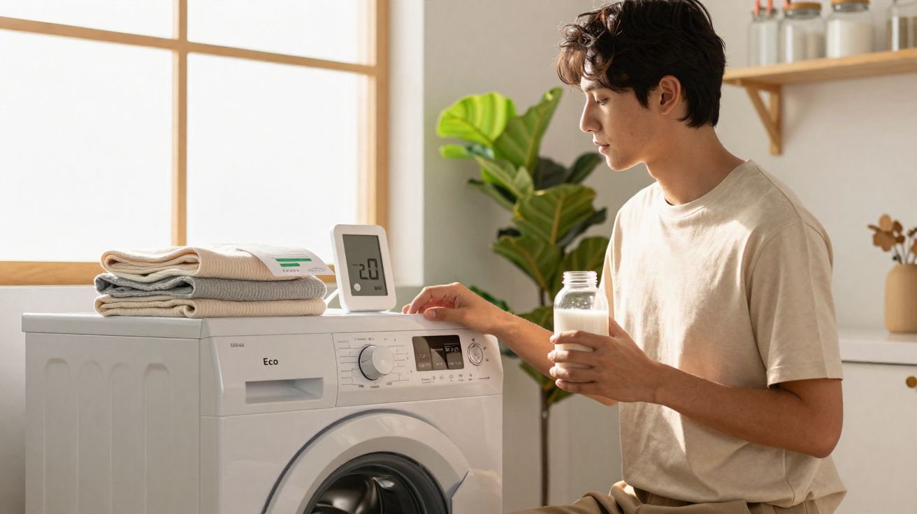 Homem jovem ajusta máquina de lavar roupa enquanto segura uma garrafa de plástico num ambiente doméstico iluminado.