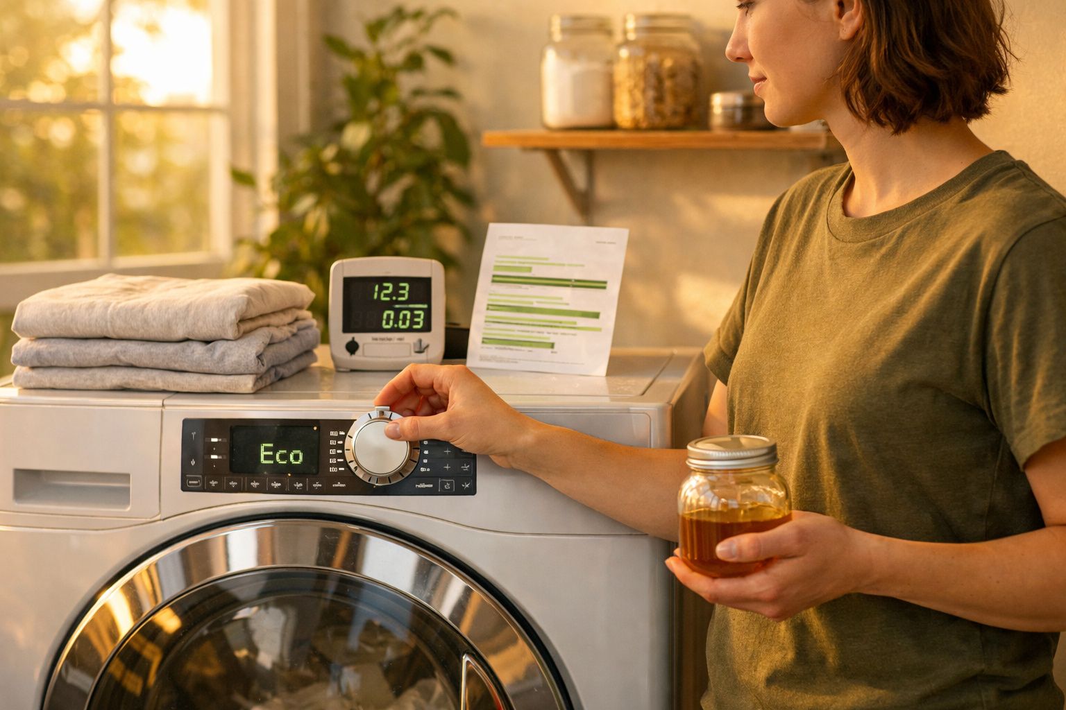 Pessoa ajusta programa Eco numa máquina de lavar roupa com toalhas e frasco ao lado, numa sala iluminada.