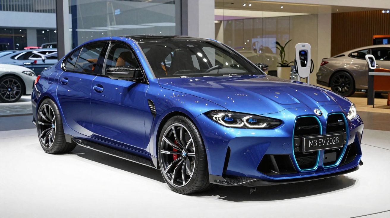 Carro elétrico BMW M3 EV azul metálico em exposição numa sala moderna de showroom.