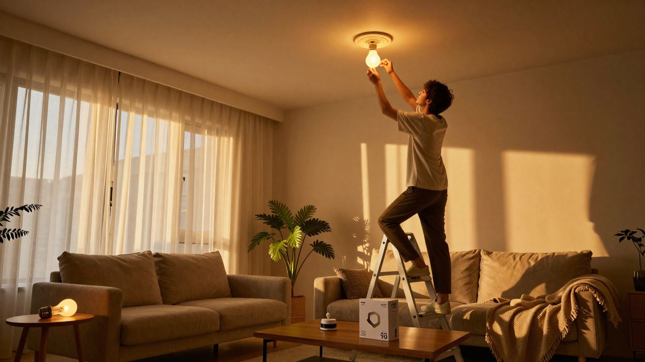 Pessoa jovem em escada a trocar lâmpada num acolhedor e iluminado salão com sofá e plantas.