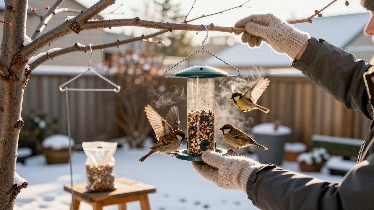 Pessoa com luvas brancas segura alimentador de pássaros com três pássaros num jardim nevado durante o dia.