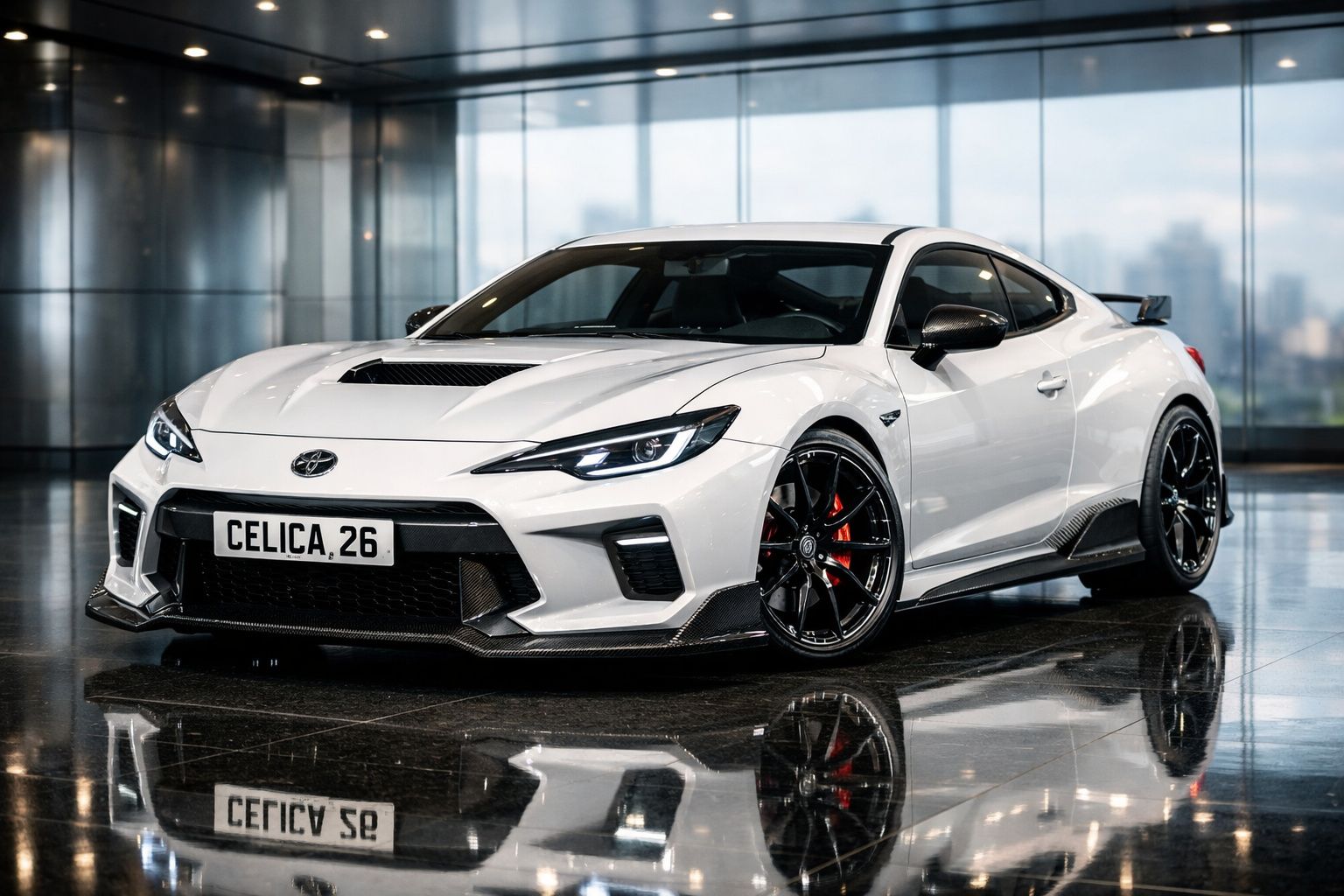 Carro desportivo branco estacionado em piso polido com janelas grandes ao fundo.