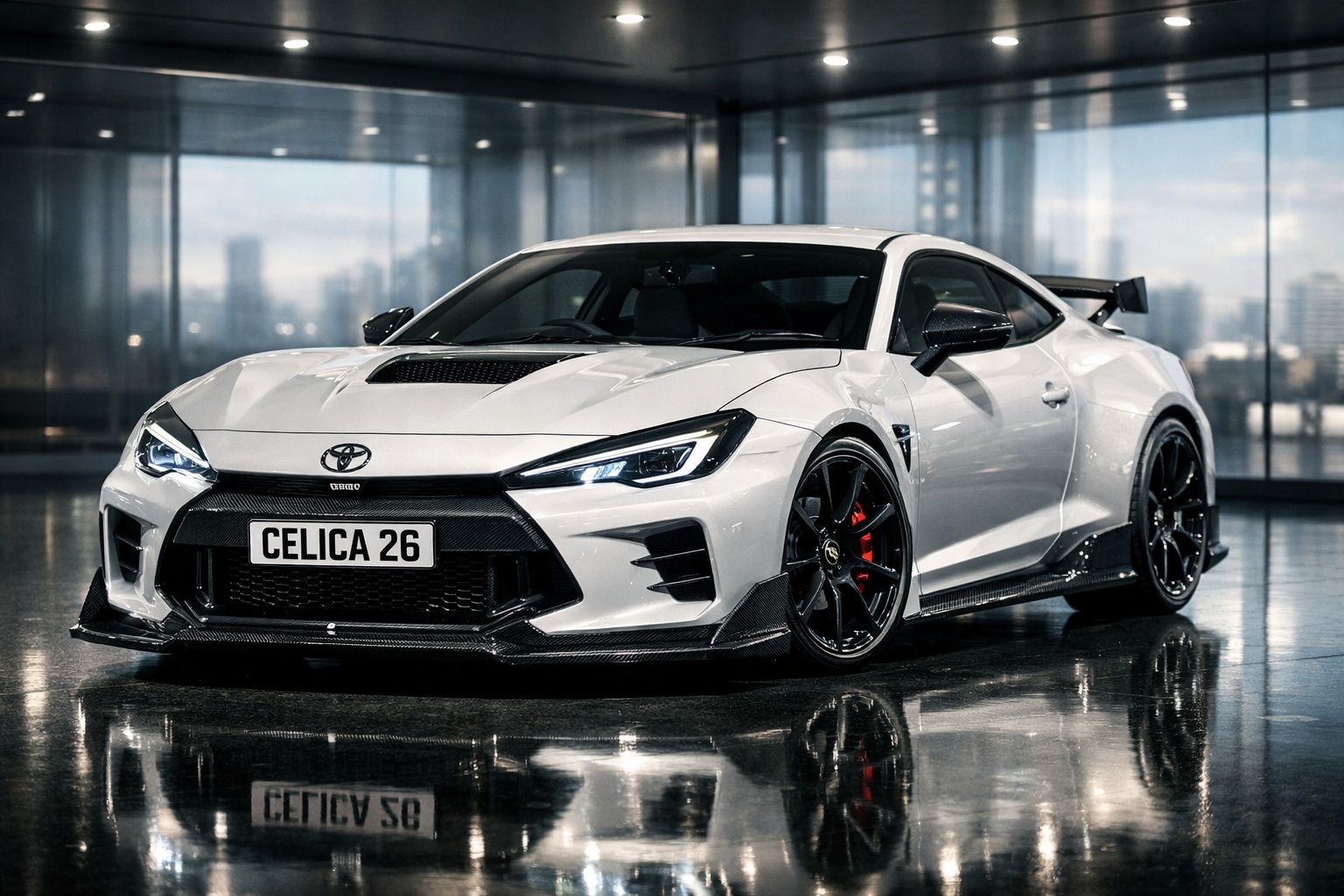 Carro desportivo Toyota branco com detalhes em preto e jantes negras num interior moderno e brilhante.