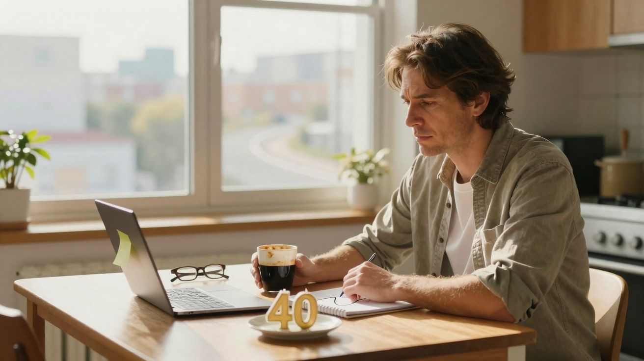 Homem sentado à mesa com café nas mãos, a escrever num caderno, com computador portátil aberto.