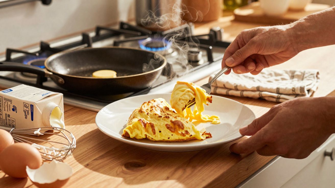 Ovos mexidos a serem servidos num prato branco, com frigideira ao fundo e ingredientes na bancada.