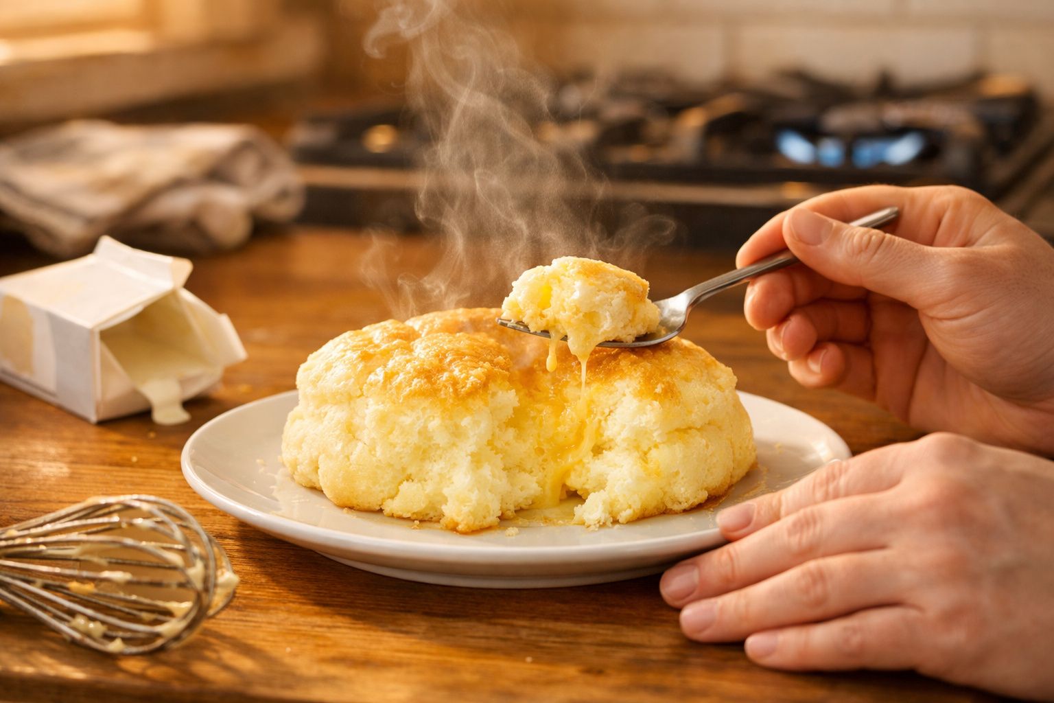 Pão de queijo quente e húmido num prato branco com manteiga derretida e vapor a sair.