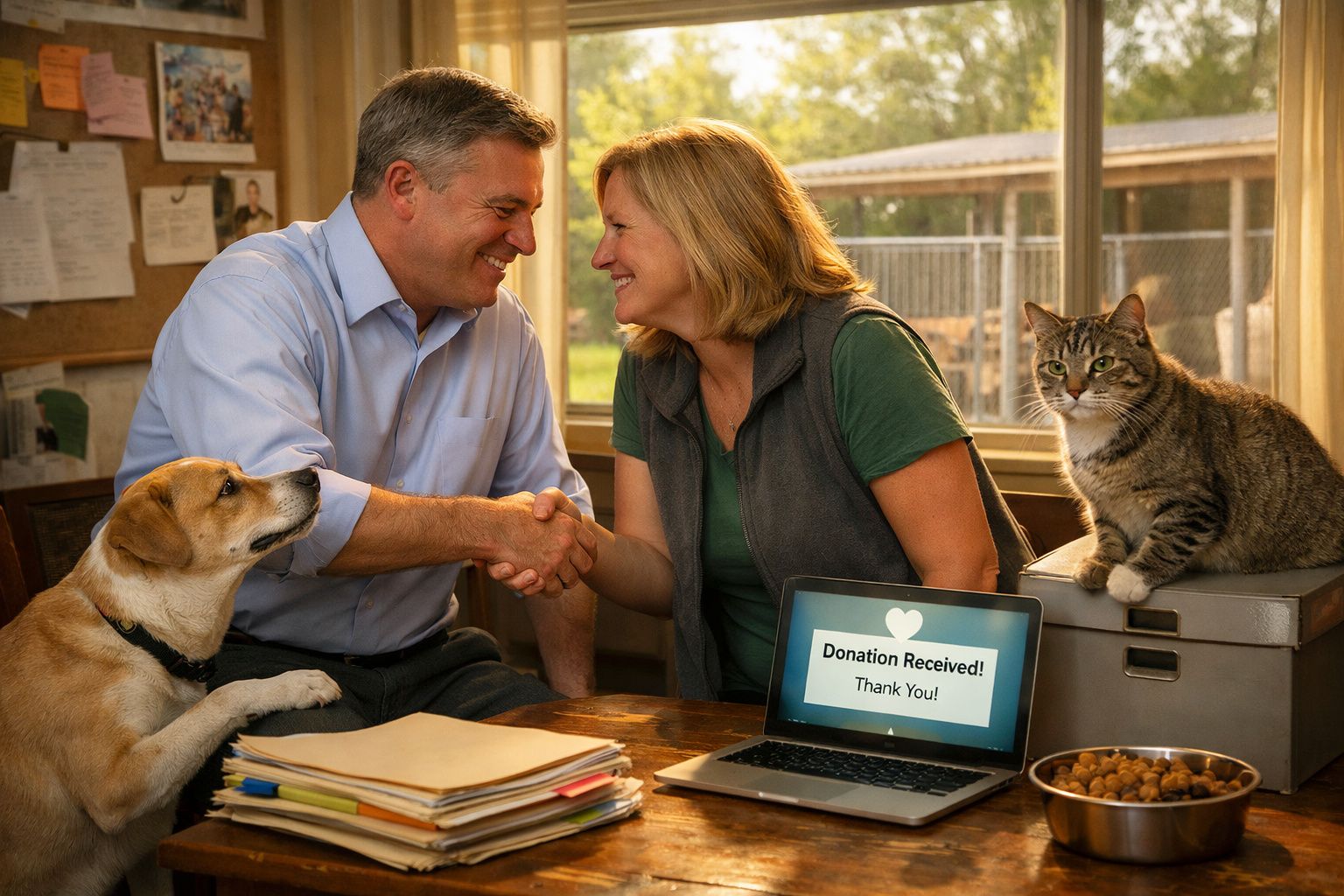 Homem e mulher a cumprimentarem-se, cão e gato junto a computador com mensagem de donativo recebido.