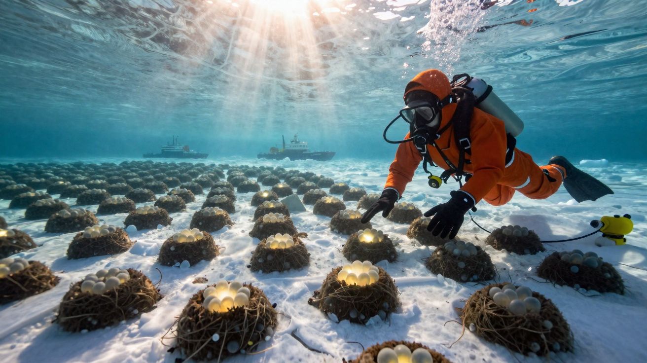 Mergulhador em fato laranja examina ninhos subaquáticos com ovos, com barcos ao fundo e luz solar na água.