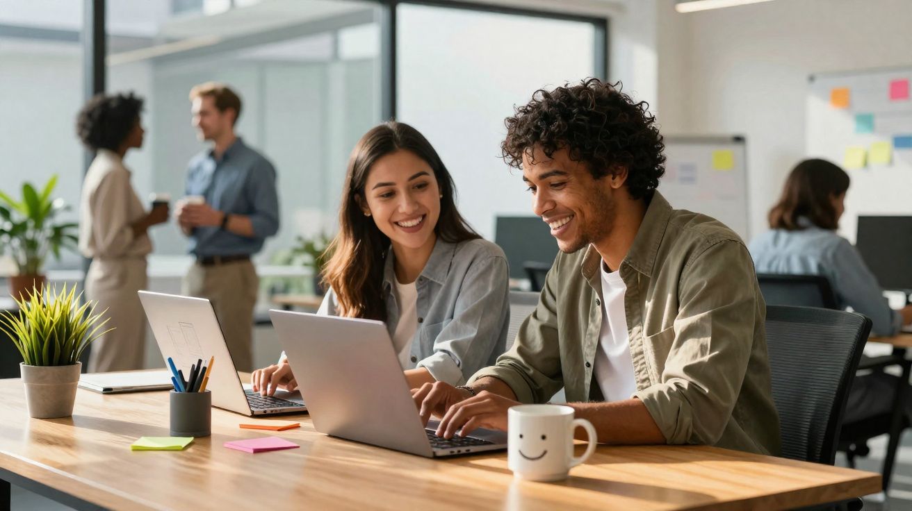 Dois colegas a trabalhar sorridentes em computadores portáteis num escritório moderno e luminoso.
