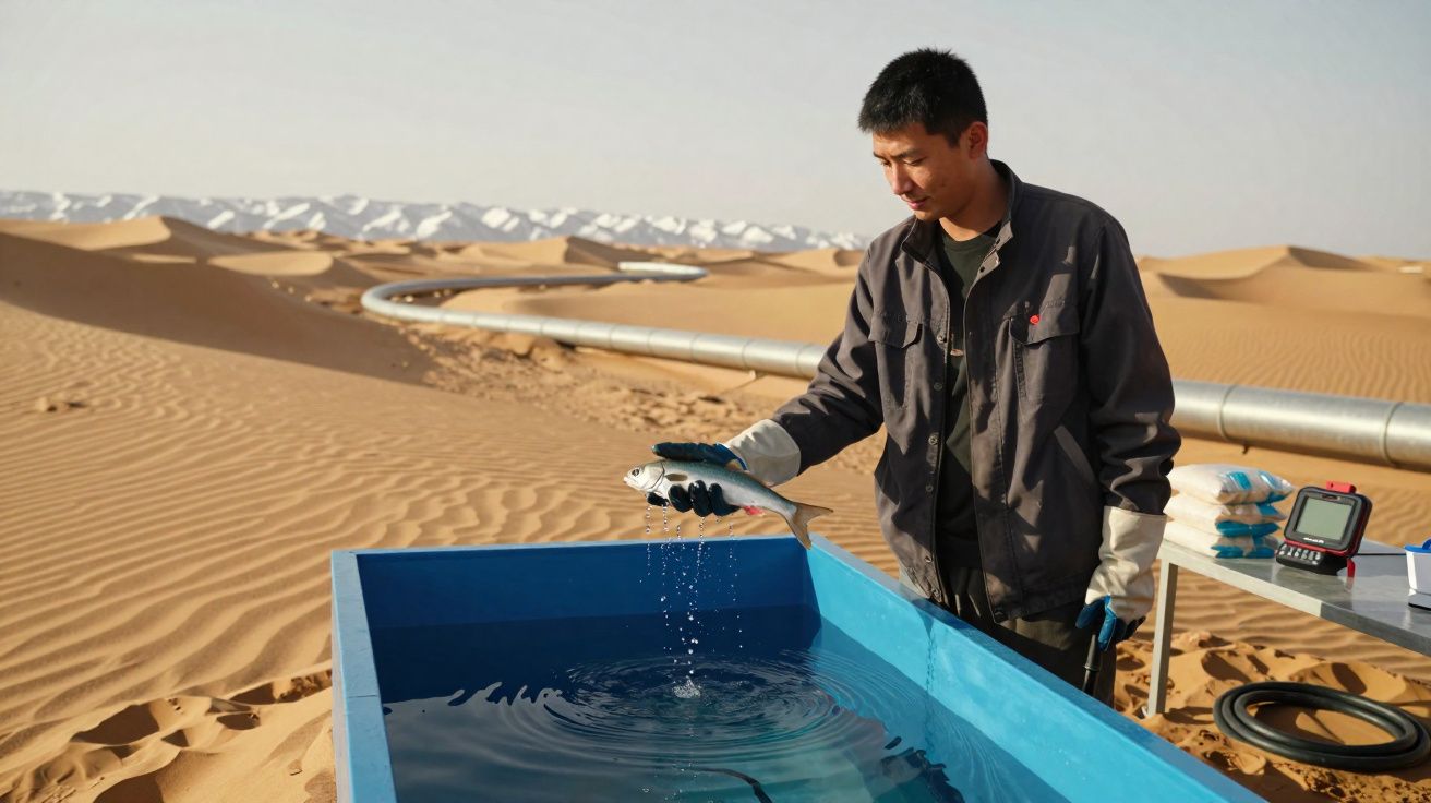 Homem a segurar peixe junto a tanque de água no deserto com dunas e tubulação ao fundo.
