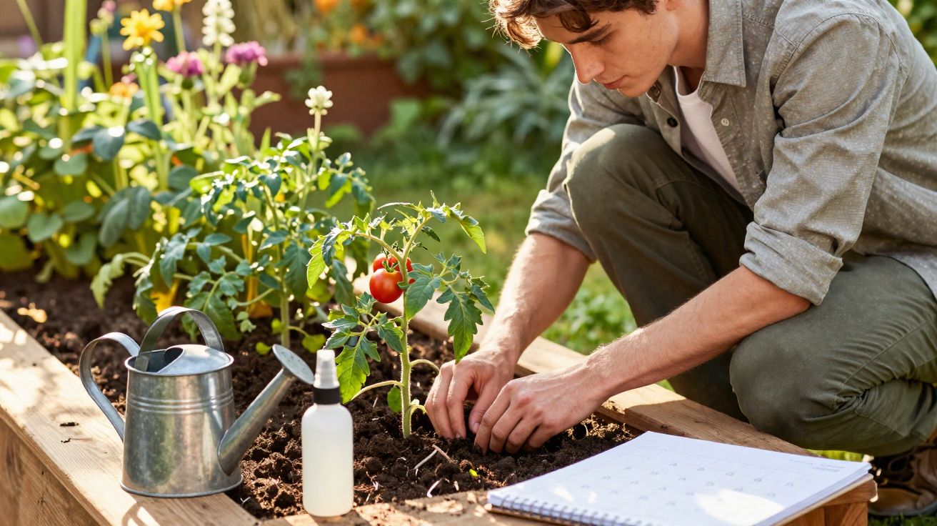 Jovem a cuidar de planta de tomateiros numa horta urbana com regador e caderno ao lado.