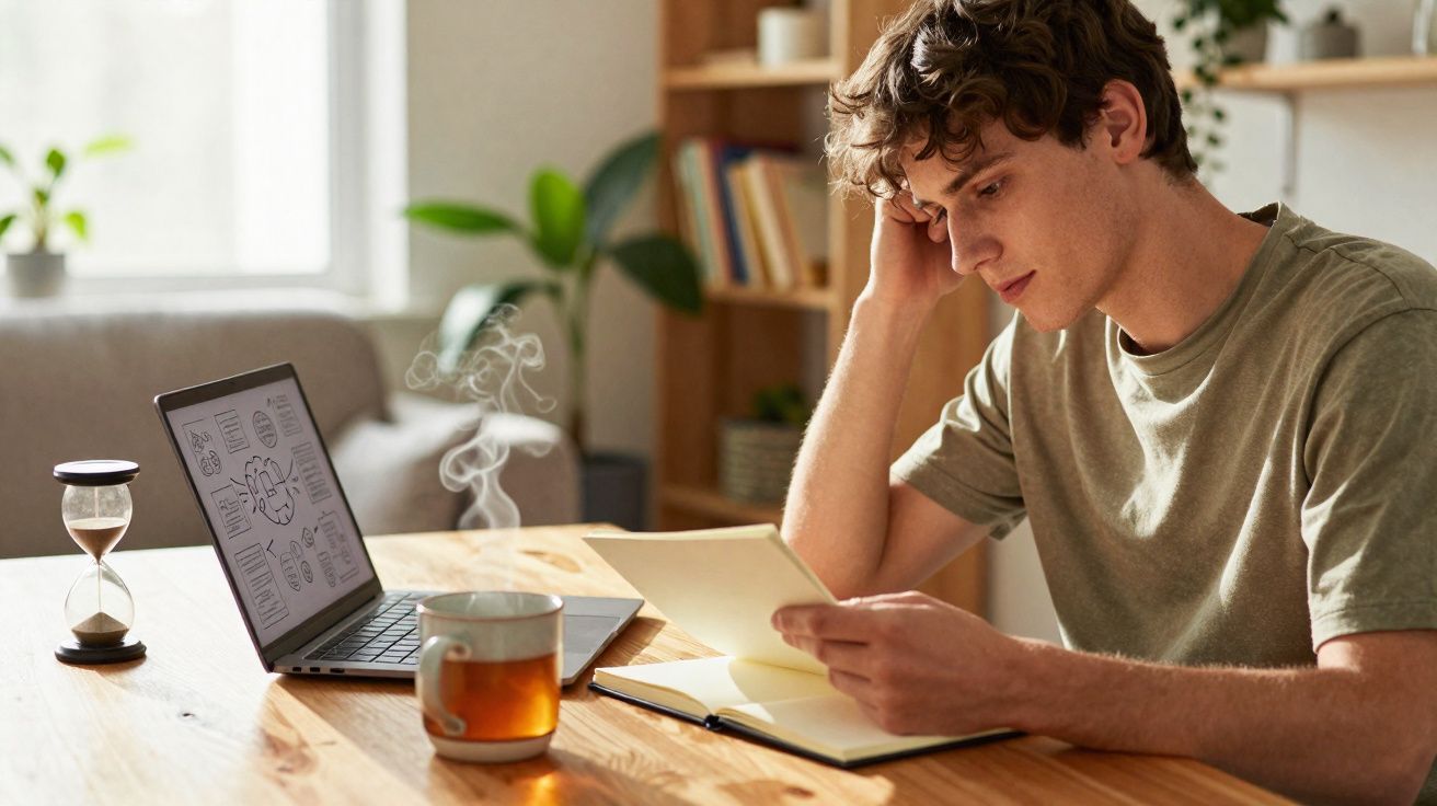 Jovem a estudar em casa com computador, chá quente e ampulheta numa mesa de madeira.