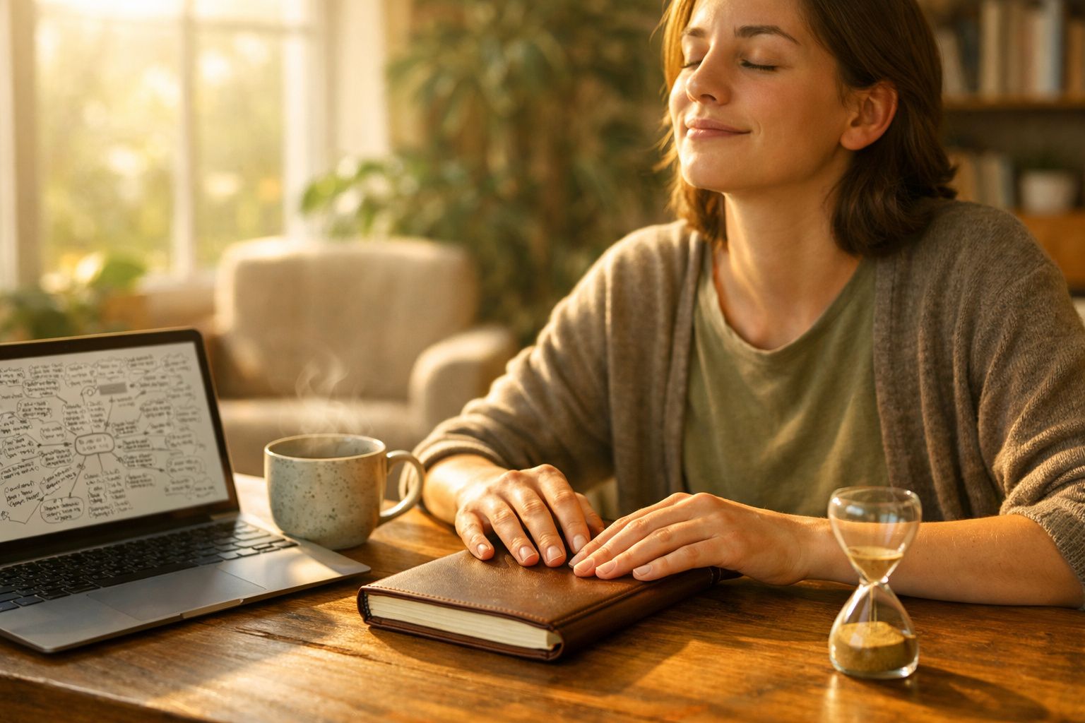 Mulher tranquila com olhos fechados sentada à mesa com livro, ampulheta, chá quente e portátil aberto.