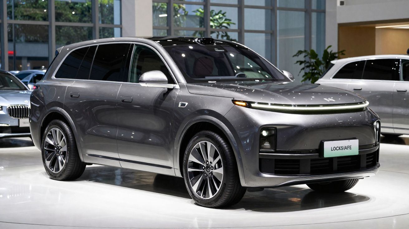 Carro elétrico SUV cinza metálico exposto em salão moderno com grandes janelas e iluminação branca.