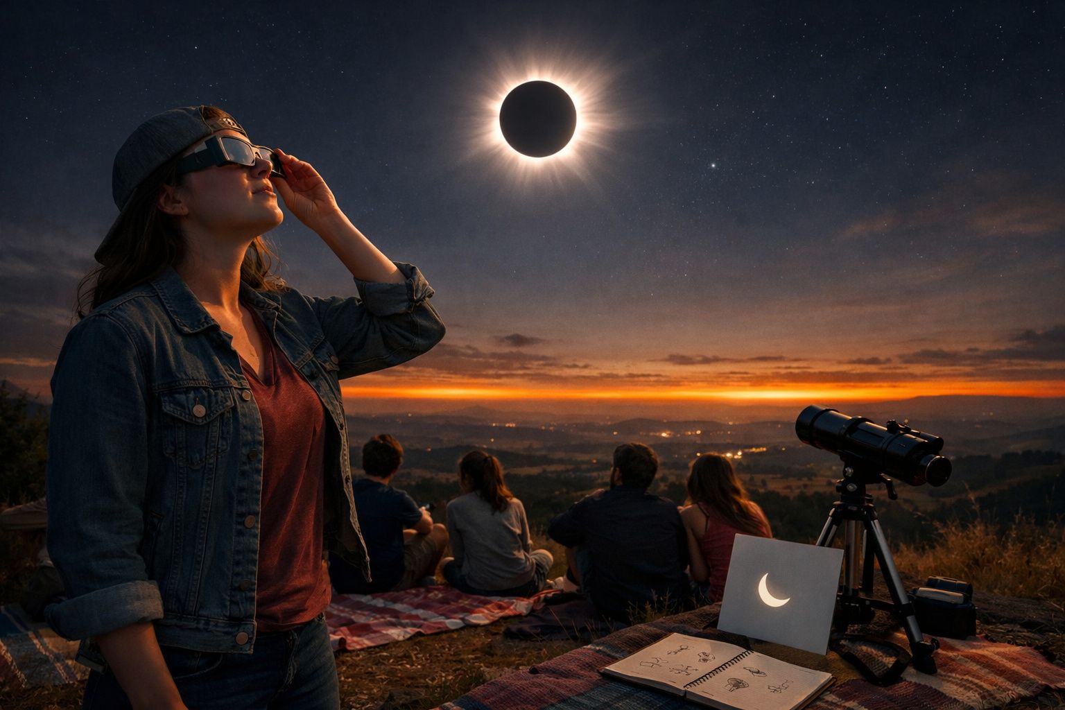 Pessoa com óculos especiais observa eclipse solar total ao pôr do sol, com grupo e equipamento de observação ao fundo.