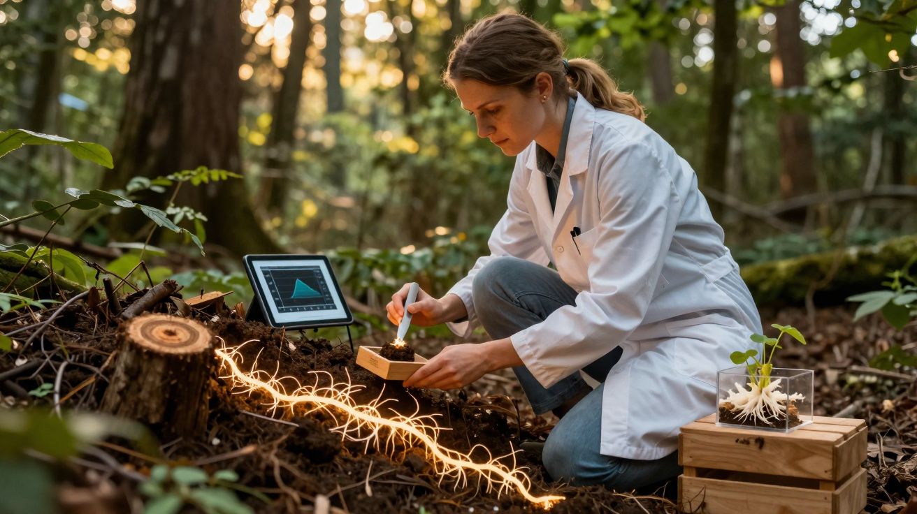 Cientista numa floresta a analisar solo com equipamento tecnológico e luzes brilhantes no chão.