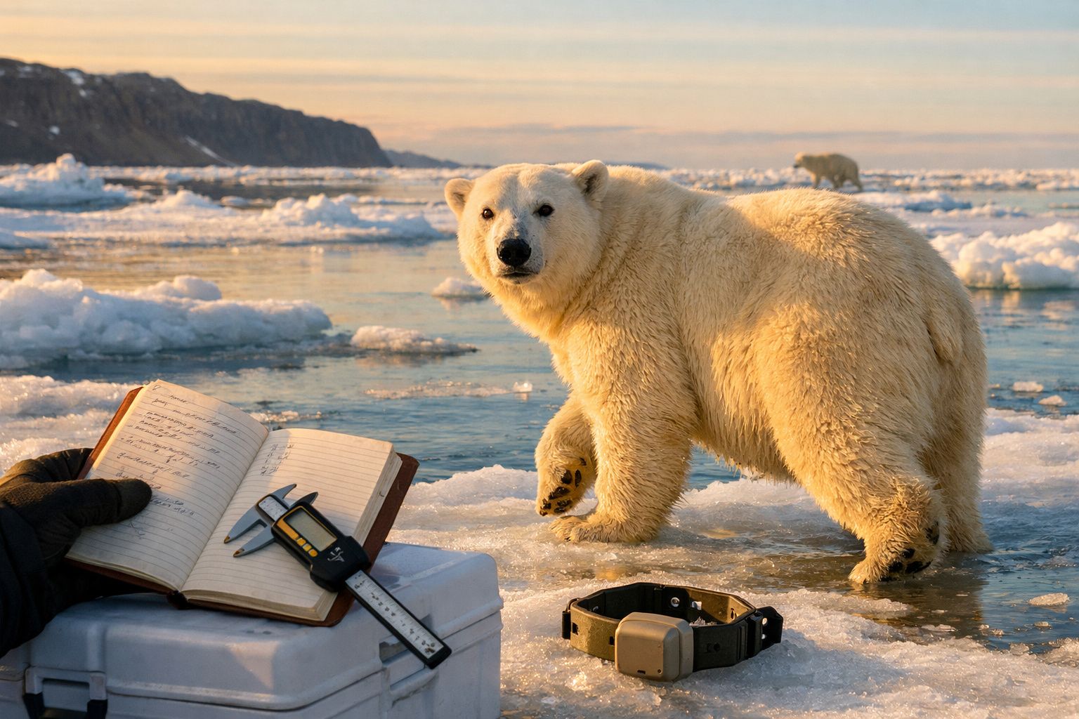 Urso polar em placas de gelo com equipamento de pesquisa e caderno aberto à frente.