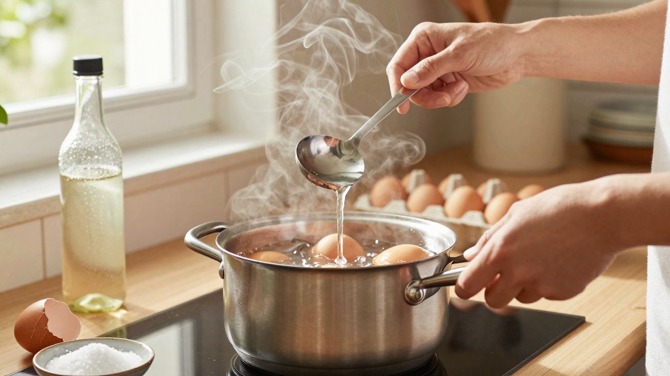 Mãos a cozer ovos numa panela com vapor a sair, com garrafa de óleo, sal e ovos ao fundo numa cozinha.