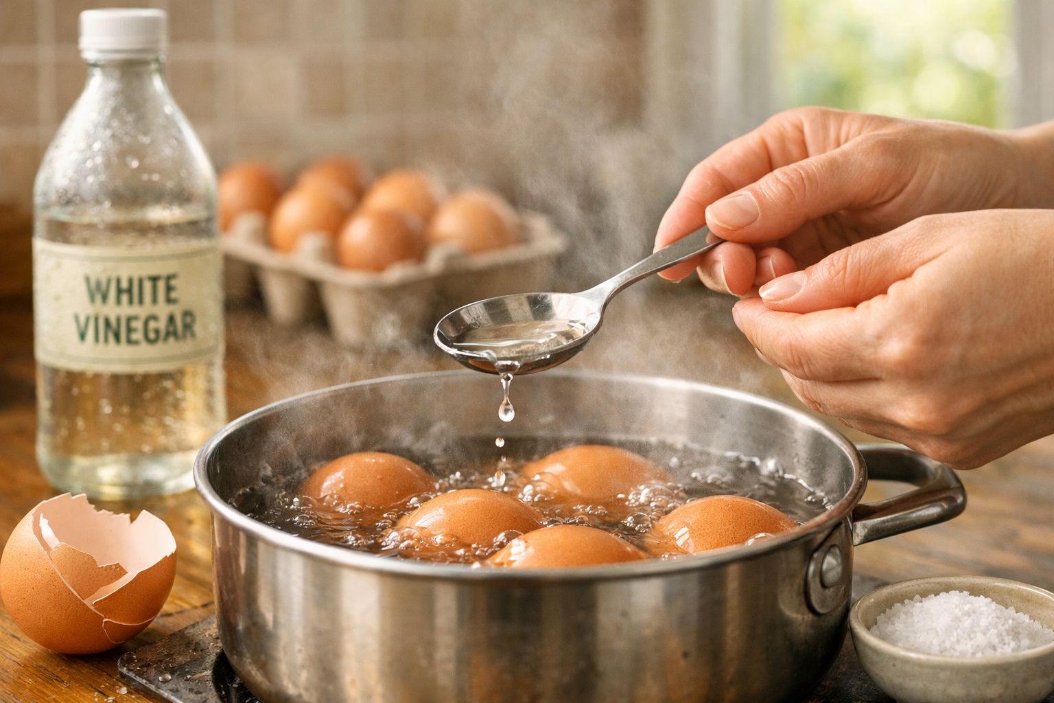 Mãos a retirar escuma com colher de sopa de ovos a cozer em água a ferver numa panela de inox.