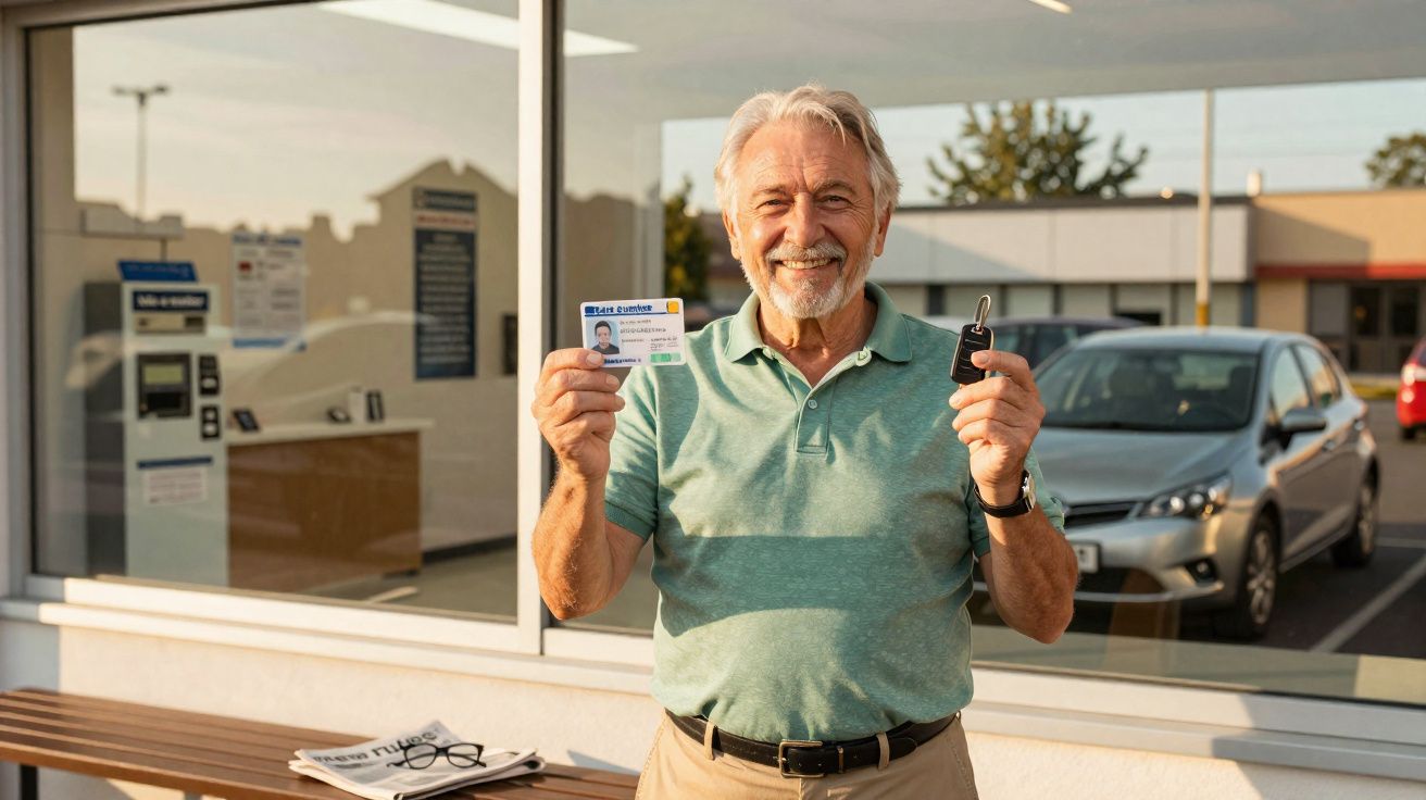 Homem idoso sorridente segura carta de condução e chave de carro junto a veículo estacionado.