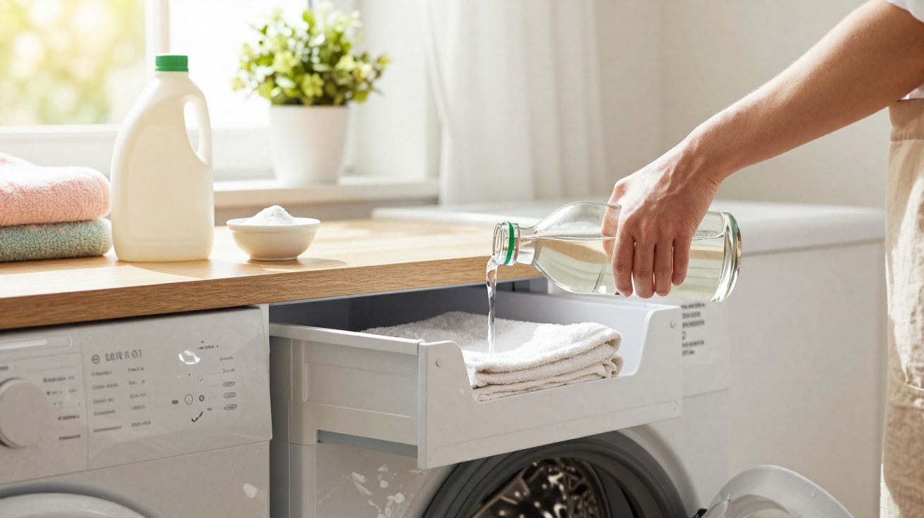 Pessoa a despejar líquido de uma garrafa sobre toalhas num tambor de máquina de lavar roupa branca.