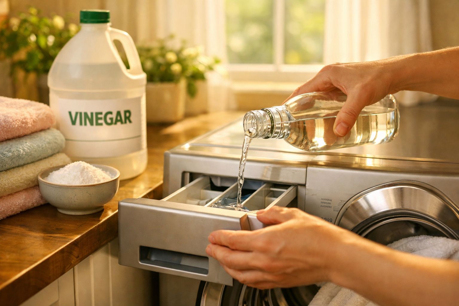 Pessoa a verter vinagre numa máquina de lavar roupa, com toalhas e bicarbonato numa bancada.