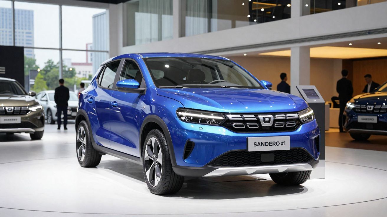 Carro azul Dacia Sandero #1 exposto num salão automóvel com pessoas ao fundo.