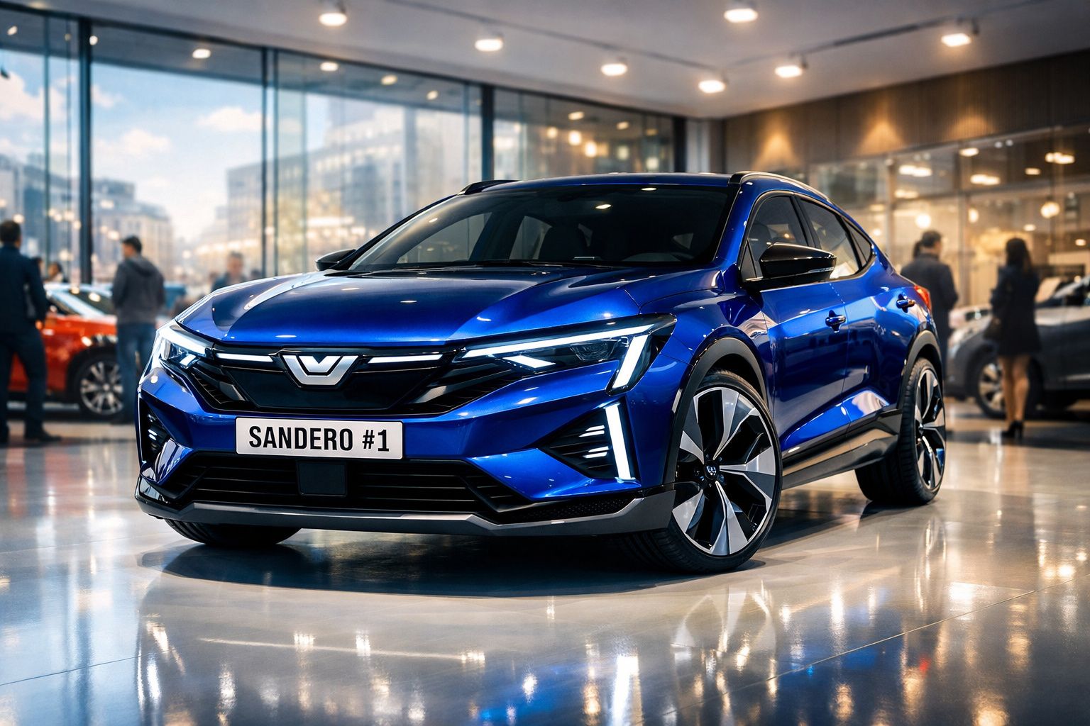 Carro azul moderno Sandero #1 exposto em salão de automóveis com pessoas ao fundo.