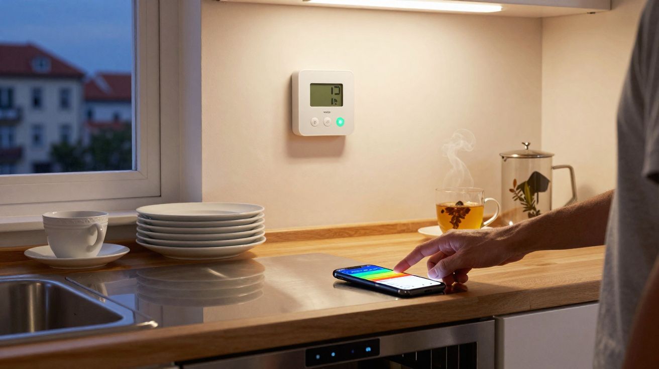 Pessoa controla termostato inteligente na cozinha com telemóvel, xícaras, pratos e chá quente na bancada.