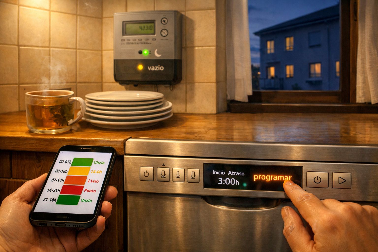 Pessoa a programar máquina de lavar loiça com aplicação móvel e chá numa cozinha ao entardecer.