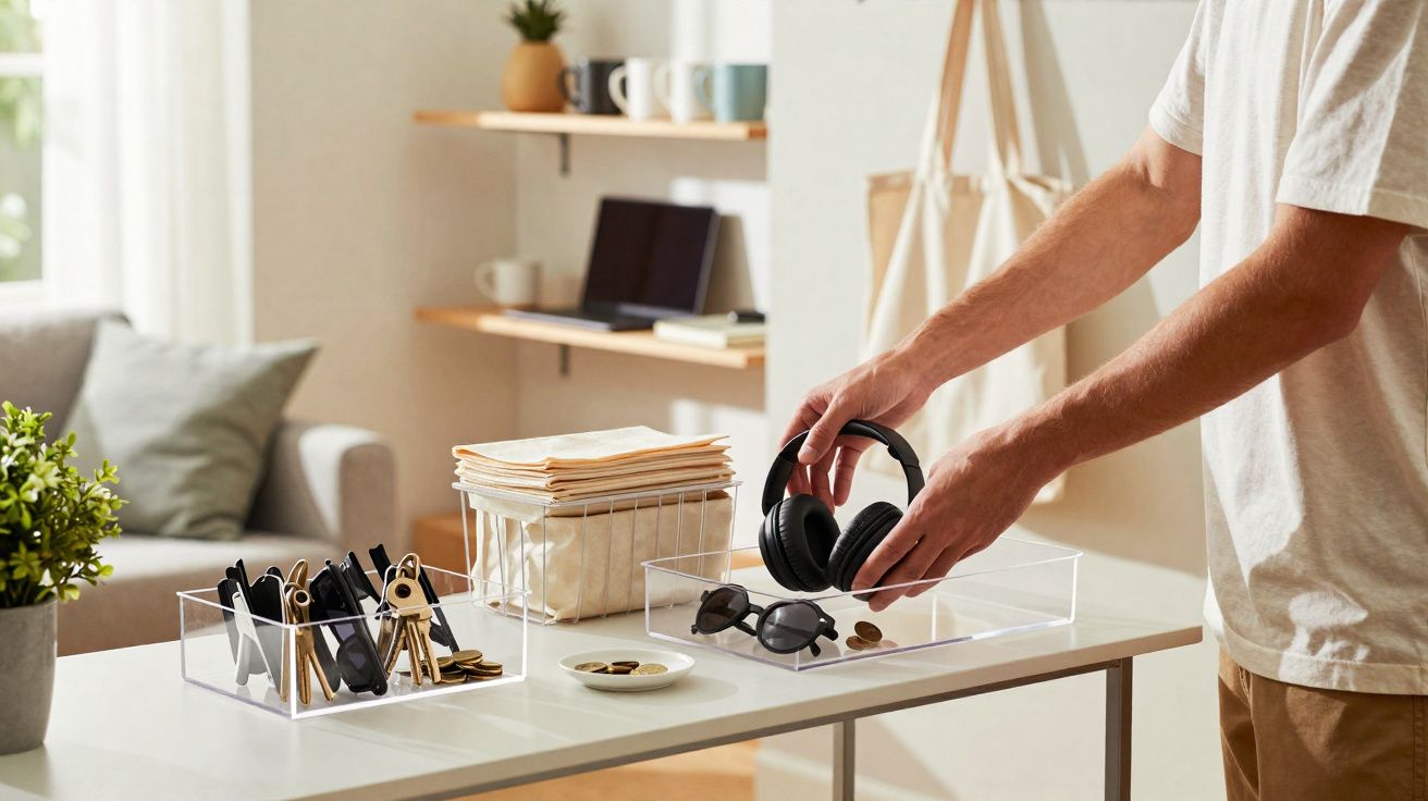 Pessoa a organizar auscultadores e óculos numa secretária com organizadores transparentes num ambiente doméstico.