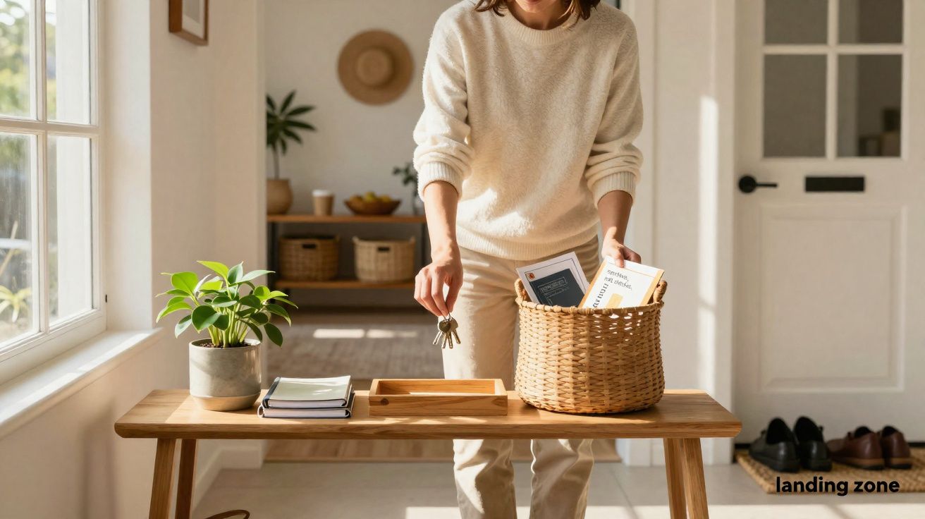 Pessoa a guardar chaves numa cesta de verga numa entrada iluminada com porta e sapatos visíveis.