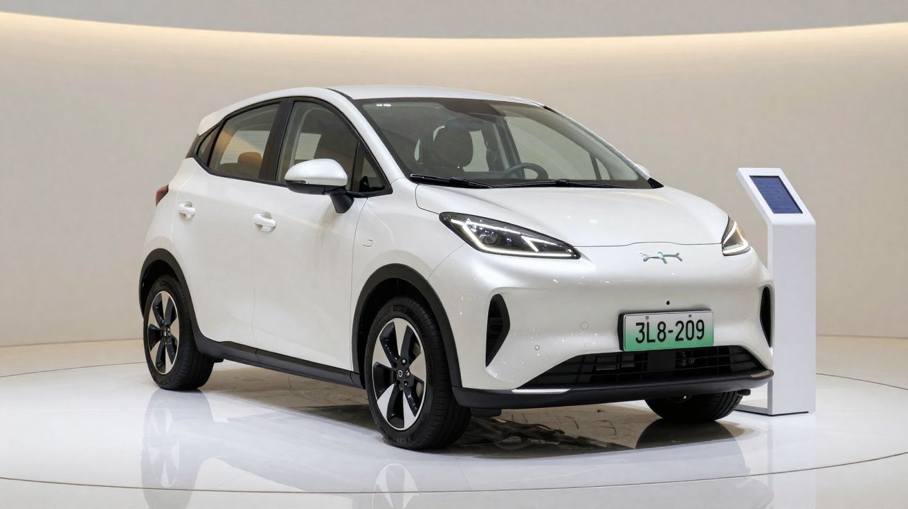 Carro elétrico branco exposto em plataforma redonda com painel informativo ao lado.