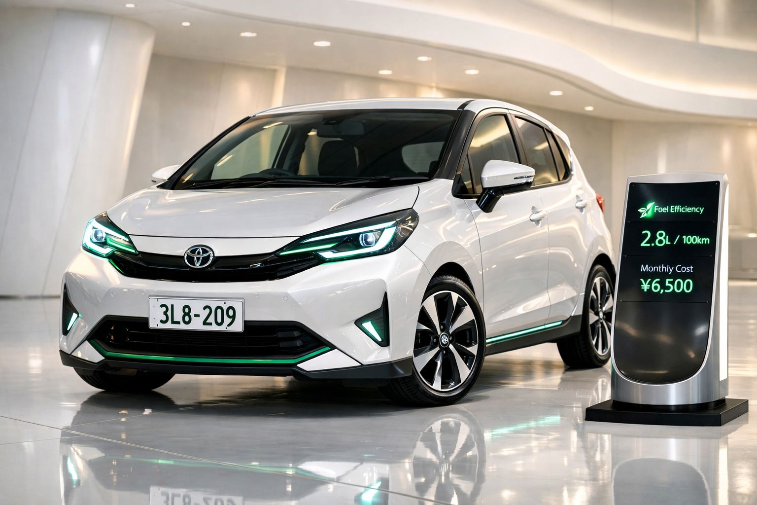 Carro compacto branco Toyota com faróis LED acesos e painel digital ao lado com informações de economia de combustível.