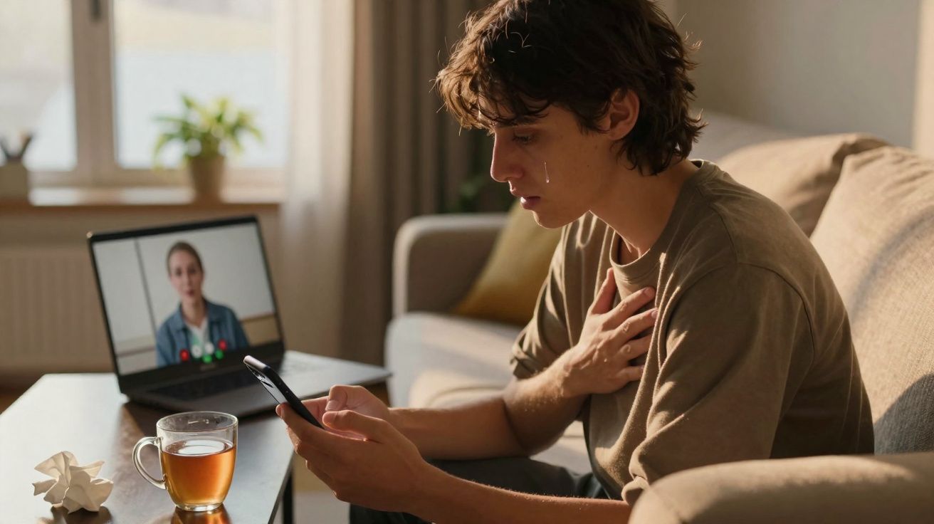 Homem triste a chorar durante videochamada com médica, sentado no sofá com chá e lenços na mesa.