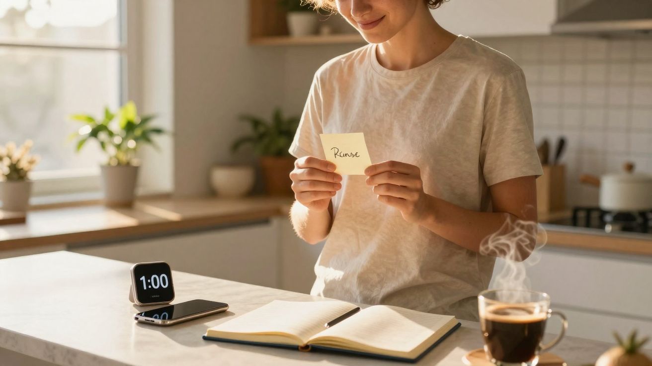 Pessoa a segurar um post-it com a palavra "Remarcar" numa cozinha com café e agenda na mesa.