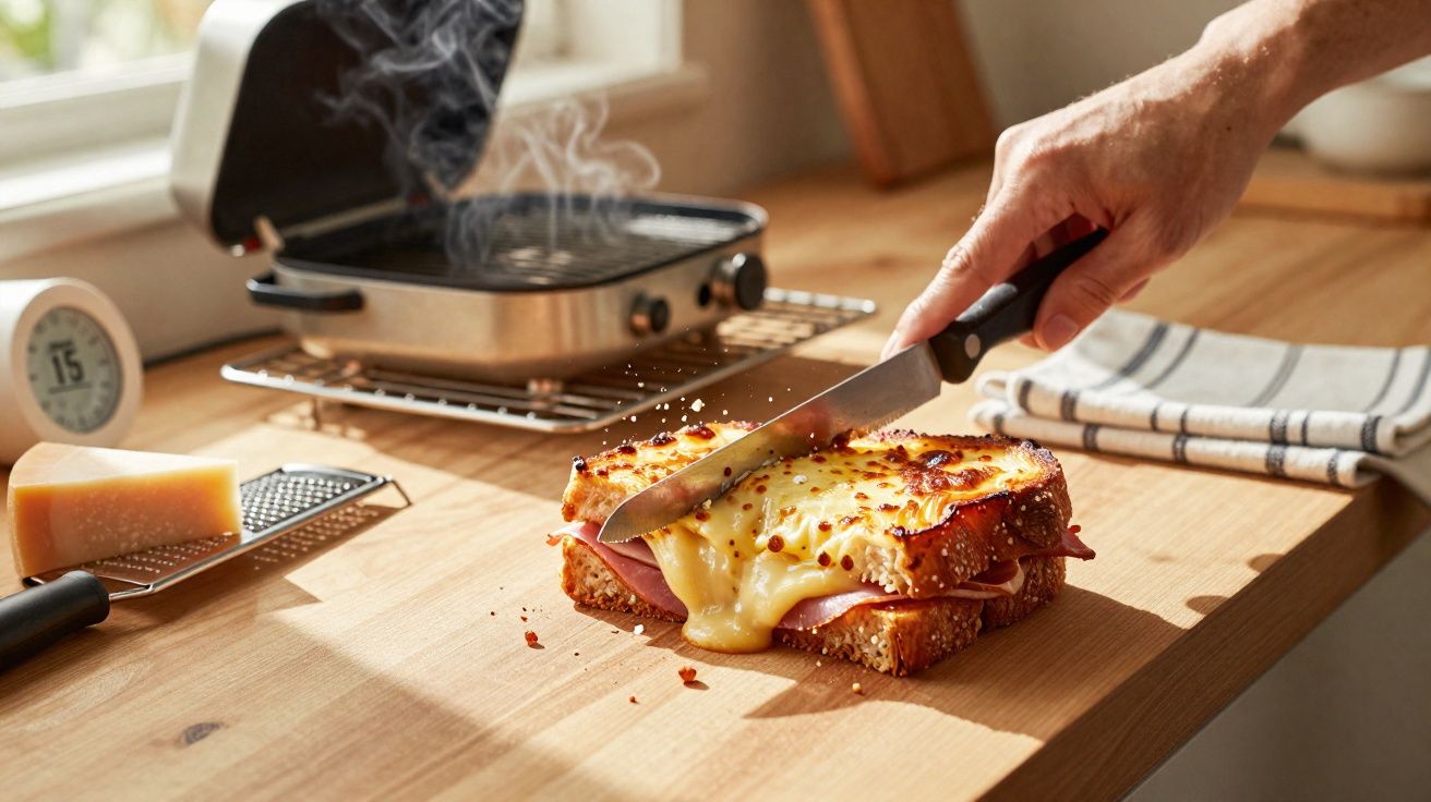 Mão a cortar uma tosta mista com queijo derretido e fiambre numa tábua de madeira.
