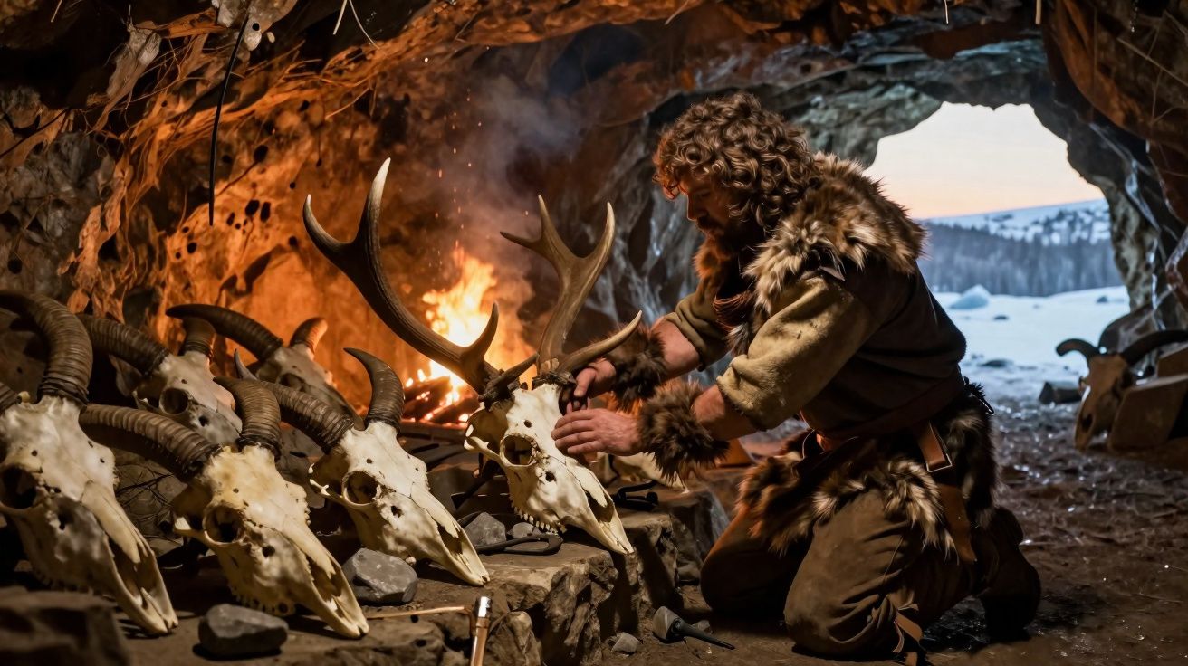 Homem pré-histórico em caverna com pele de animal, perto de crânios com chifres e fogo ao fundo.