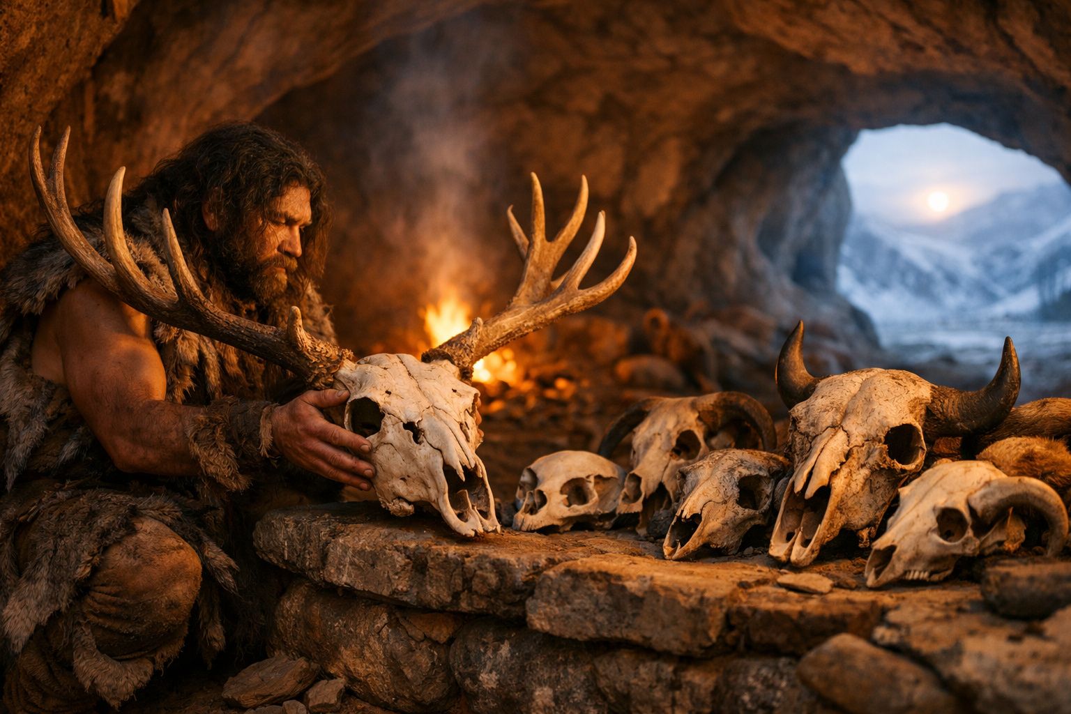 Homem pré-histórico dentro de caverna, segurando crânio com cornos, rodeado de outros crânios de animais.