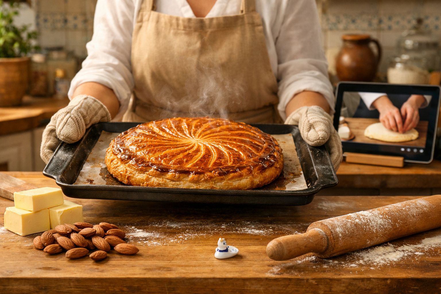 Pessoa a segurar tabuleiro com galette des rois acabada de sair do forno numa cozinha rústica.