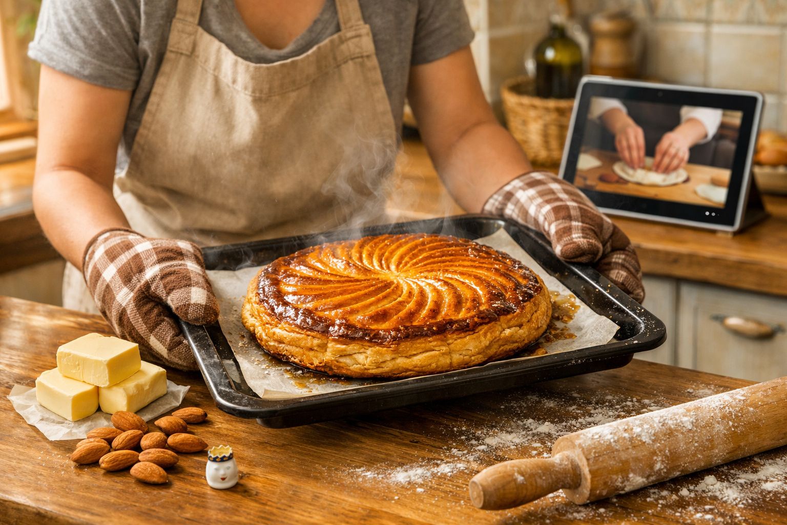 Pessoa a retirar do forno uma tarte quente com padrão de maçã, com ingredientes e tablet ao fundo.