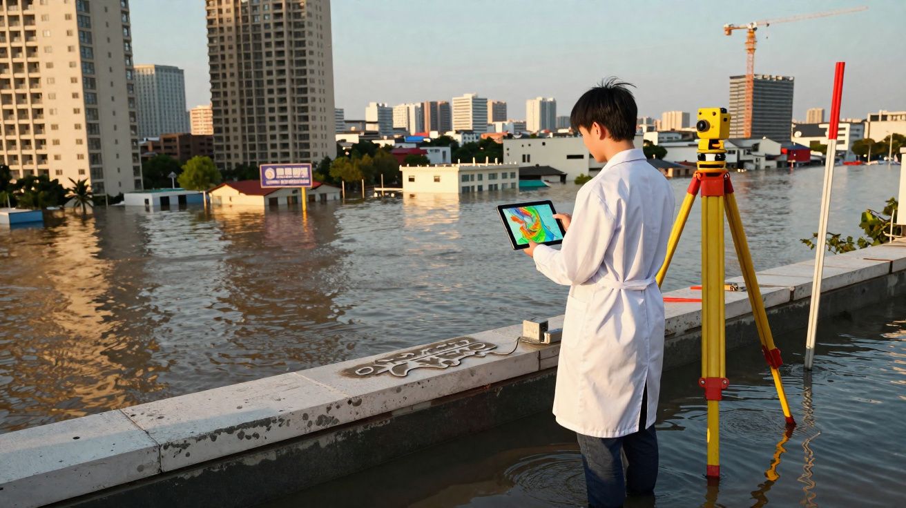 Homem com bata branca usa tablet enquanto mede inundações urbanas em área alagada com edifícios ao fundo.