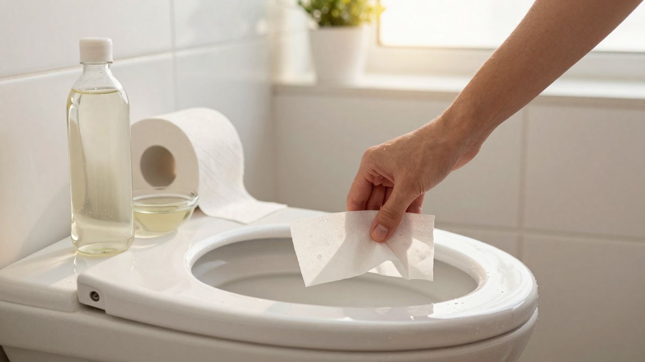 Mão a limpar a sanita com papel higiénico, com rolo de papel e produtos de limpeza no fundo.